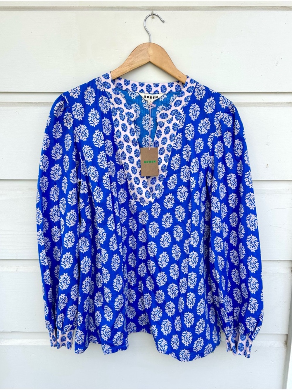 Boden Blue and White Printed V-Neck Blouse